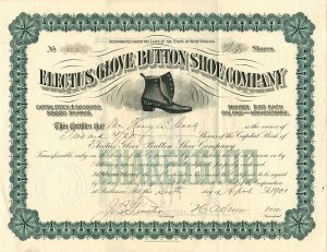 Electus Glove Button Shoe Co. - 1901 West Virginia Inc. Stock Certificate - Electus Boot Vignette - Baltimore, Maryland